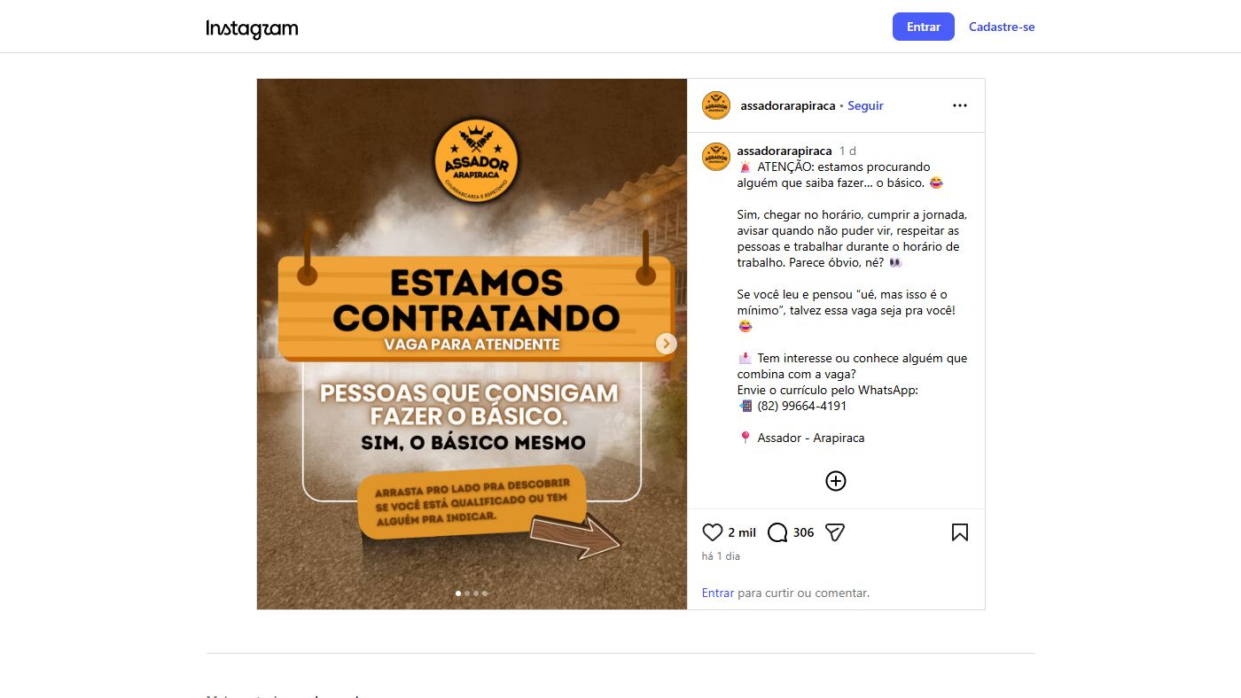 Post do Instagram do Assador Arapiraca anunciando a vaga o básico para atendente em Arapiraca