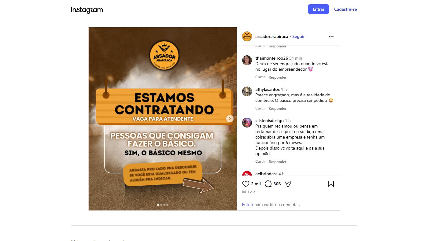 Print dos comentários do público no post do Assador Arapiraca sobre a vaga o básico