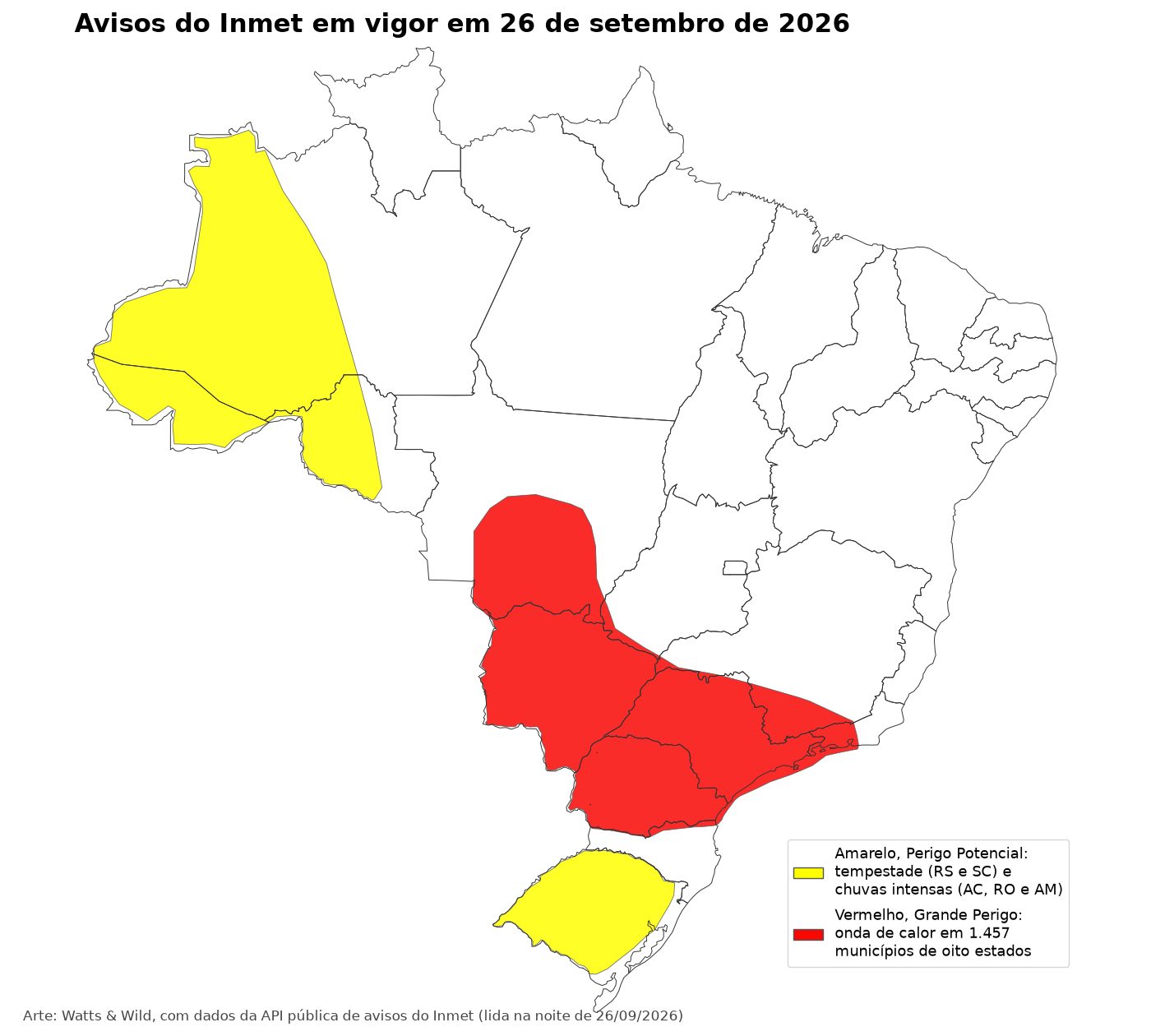 Mapa do Brasil com os estados contornados: mancha vermelha de onda de calor do Mato Grosso ao Rio de Janeiro e ao Paraná, e manchas amarelas no Rio Grande do Sul e no oeste da Amazônia