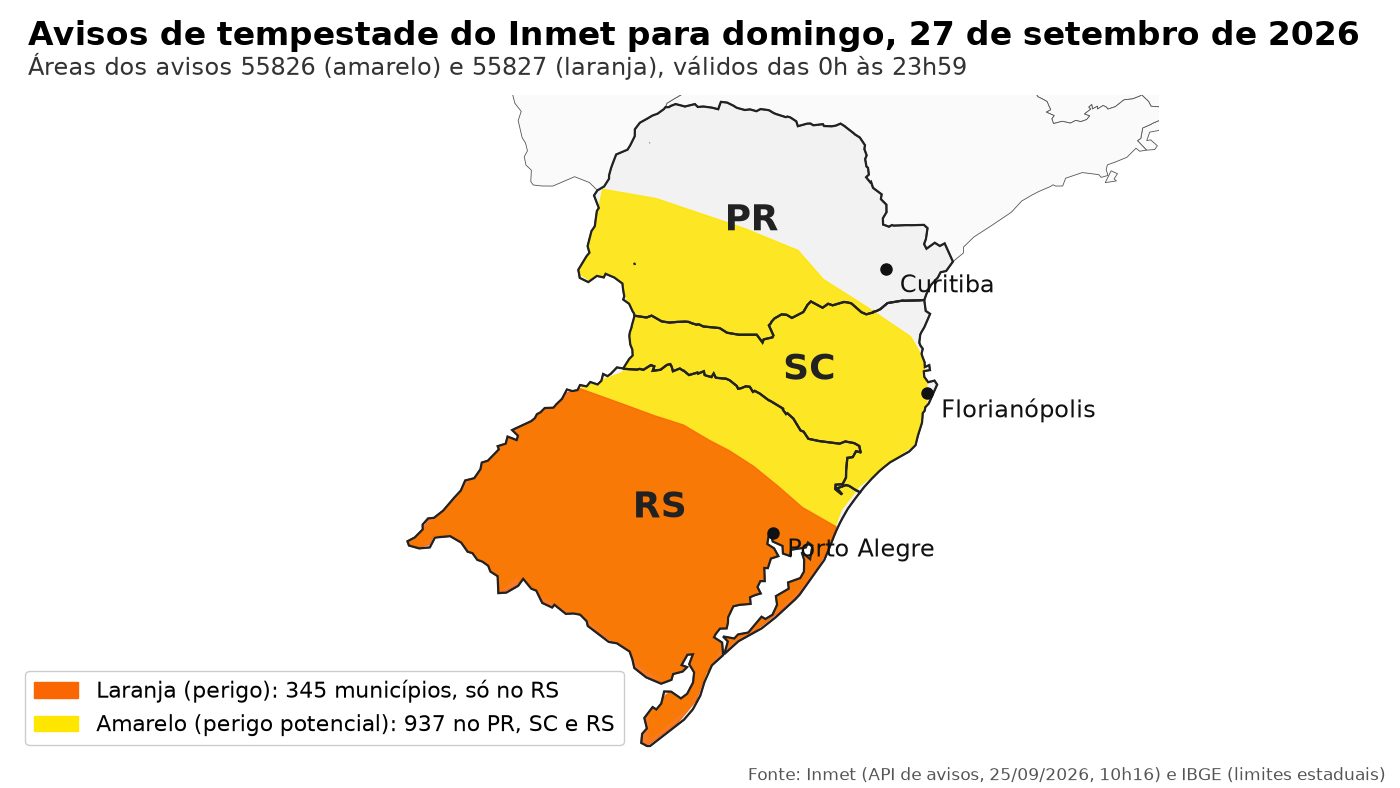 Mapa do Sul do Brasil com a área do aviso laranja de tempestade do Inmet no Rio Grande do Sul e a área do aviso amarelo em Santa Catarina e no Paraná para 27 de setembro de 2026
