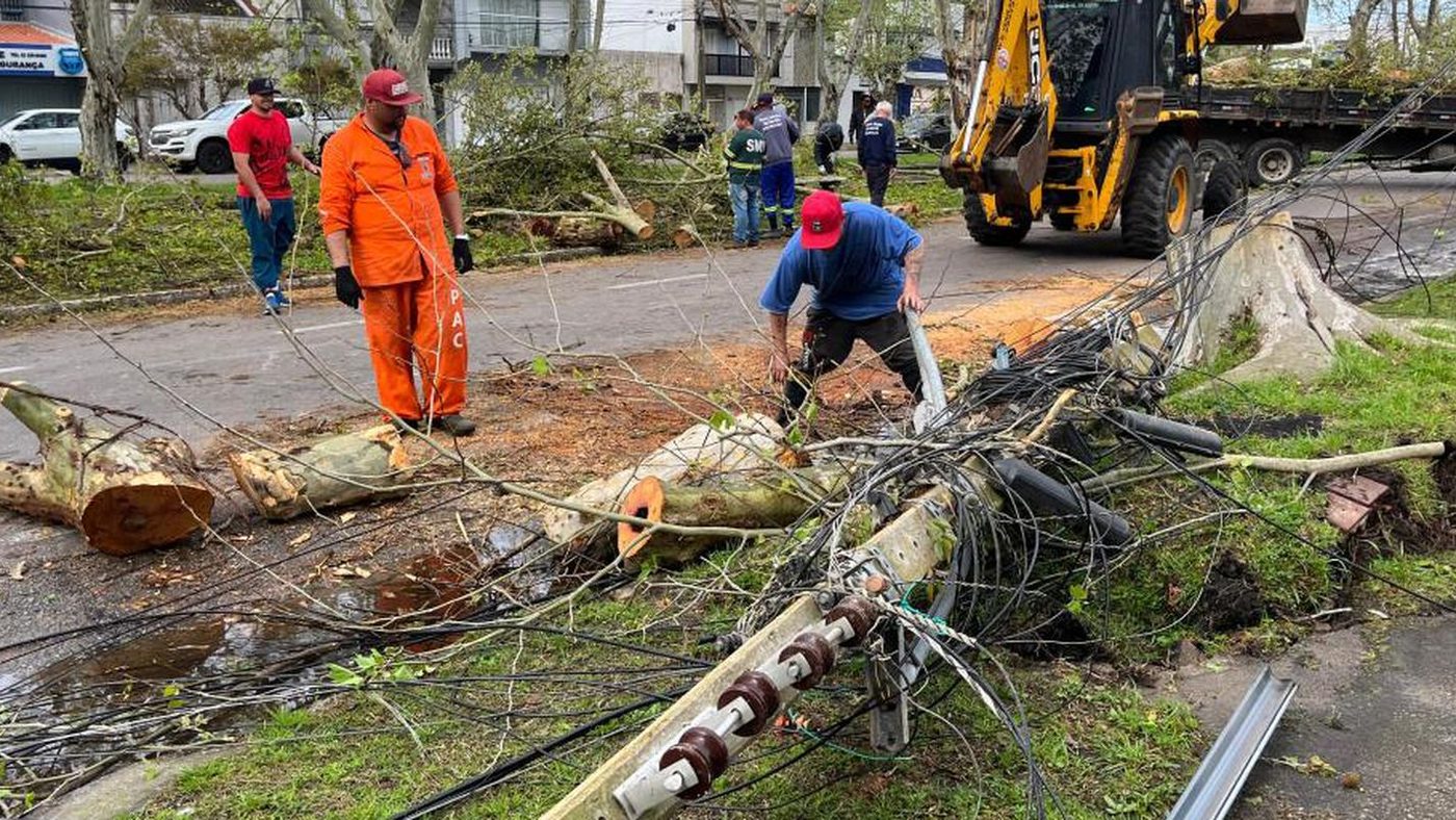 Trabalhadores retiram poste e árvores derrubados pelo vendaval em rua de Rio Grande em 21 de setembro de 2026