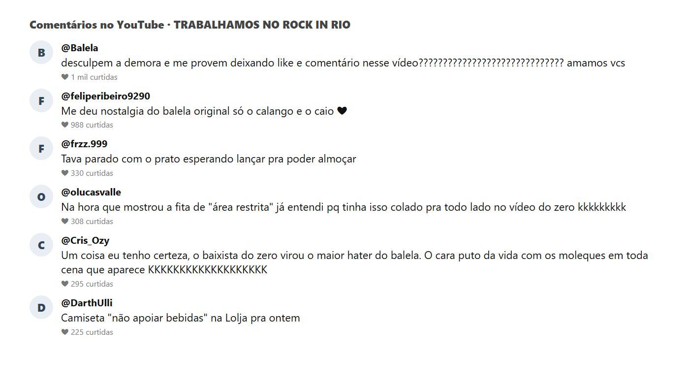Print dos comentários do público no vídeo TRABALHAMOS NO ROCK IN RIO do Balela