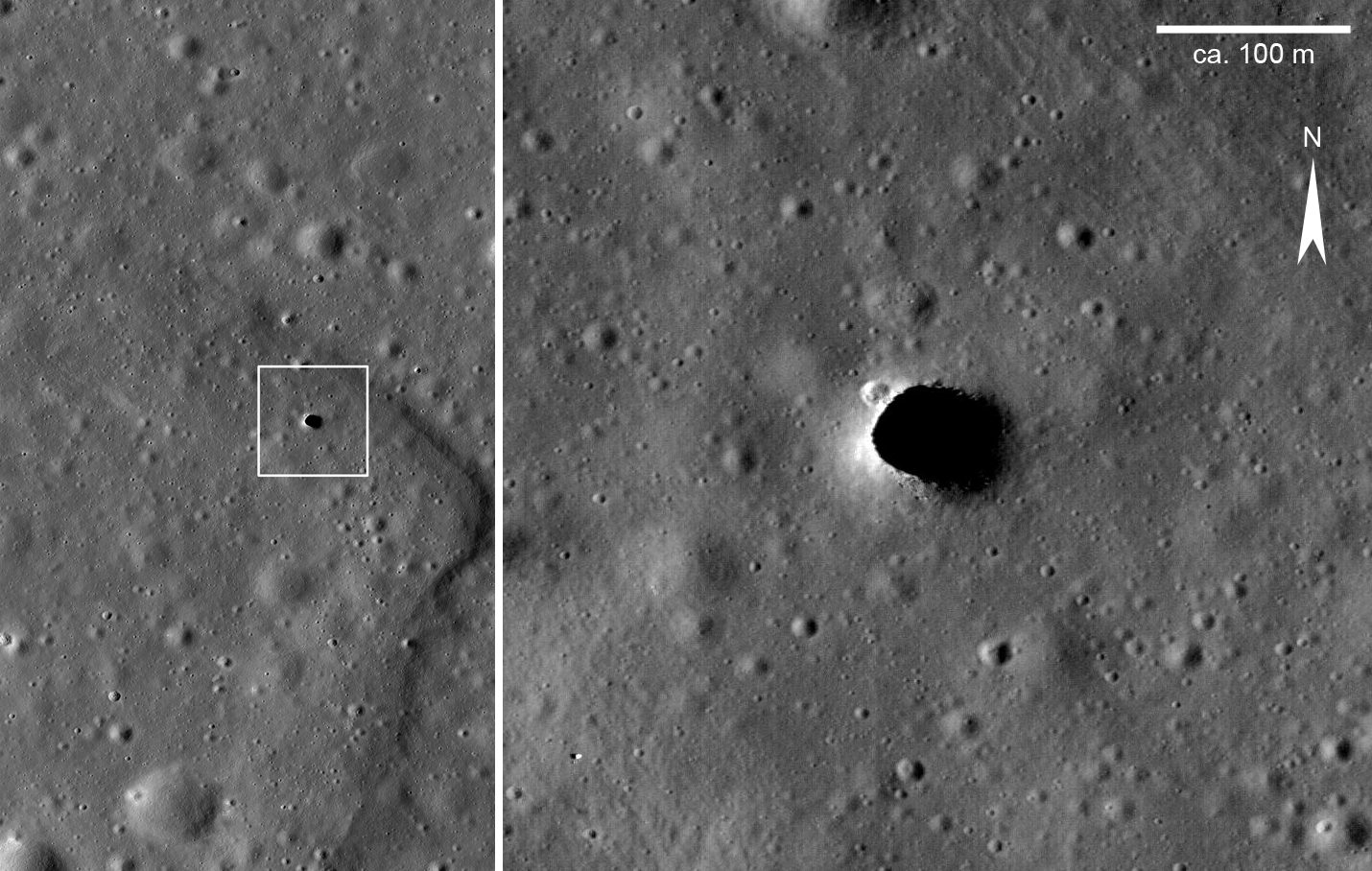 Duas imagens em preto e branco da superfície da Lua: à esquerda uma planície com um quadrado branco marcando um ponto escuro, à direita o zoom que mostra o buraco de Marius Hills com a barra de 100 metros