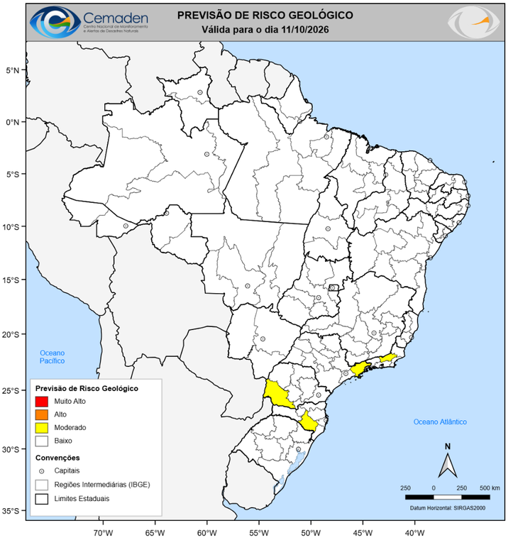Mapa do Brasil do Cemaden com o risco de deslizamento moderado em Cascavel, Lages, São José dos Campos e Petrópolis para 11 de outubro