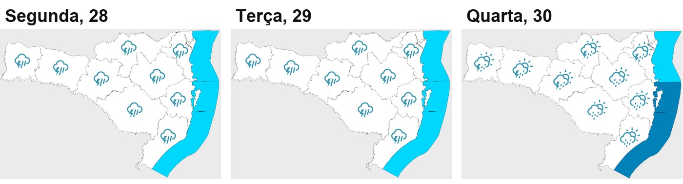 Três mapas da previsão da Defesa Civil de Santa Catarina: segunda e terça com ícones de tempestade em todas as regiões, quarta com sol entre nuvens e chuva e o mar do sul e do centro do litoral em azul mais escuro