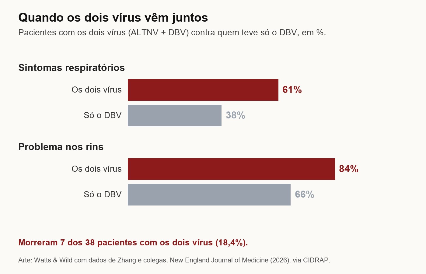 Gráfico comparando pacientes com os dois vírus e com só o DBV: sintomas respiratórios 61% contra 38% e problema nos rins 84% contra 66%; 7 dos 38 com os dois vírus morreram