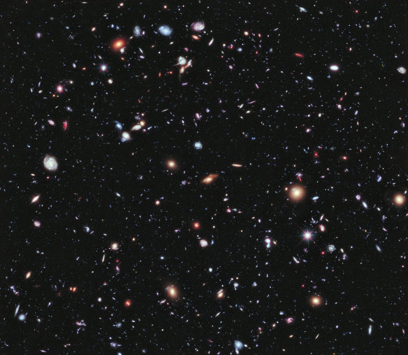 Imagem do Hubble com cerca de 5.500 galáxias de várias cores e formatos sobre fundo preto