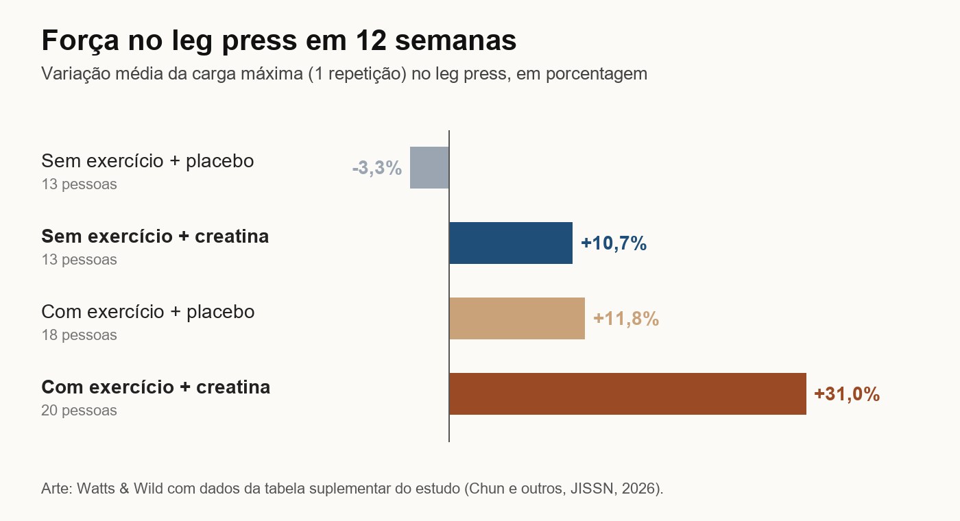 Gráfico de barras da força no leg press: com exercício e creatina subiu 31%, com exercício e placebo 11,8%, sem exercício e creatina 10,7% e sem exercício e placebo caiu 3,3%