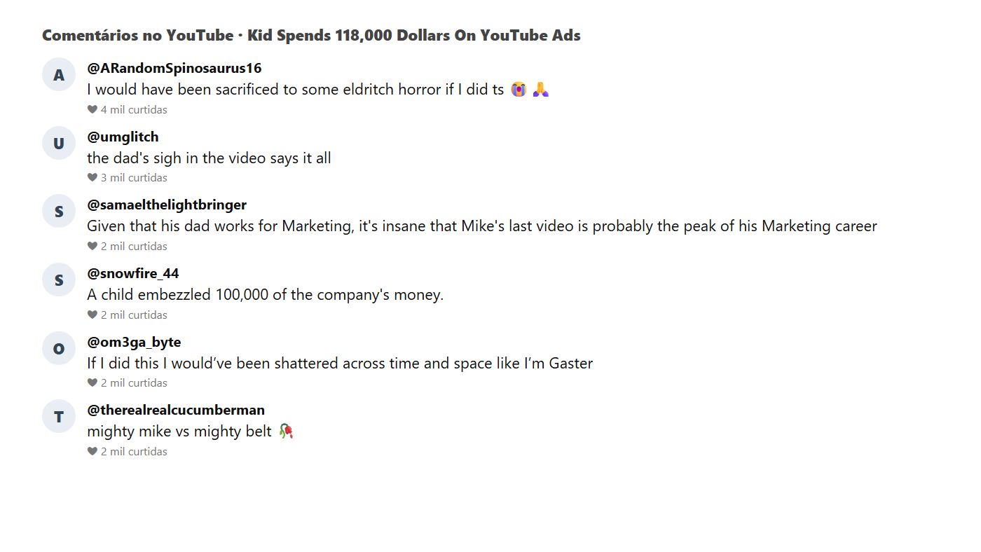 Print dos comentários do público no vídeo sobre o menino que gastou 118 mil dólares em anúncios no YouTube