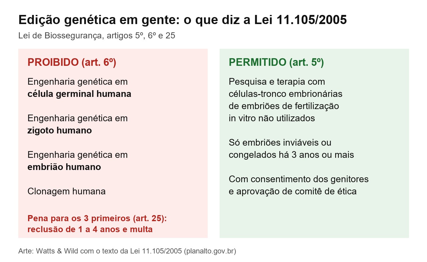Quadro da Lei de Biossegurança: proibida a engenharia genética em célula germinal, zigoto e embrião humano e a clonagem humana; permitida a pesquisa com células-tronco de embriões inviáveis ou congelados há 3 anos ou mais