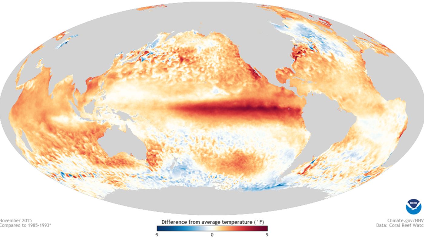 Mapa da NOAA com a anomalia de temperatura do Pacífico durante o El Niño de novembro de 2015, um dos mais fortes já registrados, usado para comparar com o possível recorde desde 1950 do El Niño de 2026
