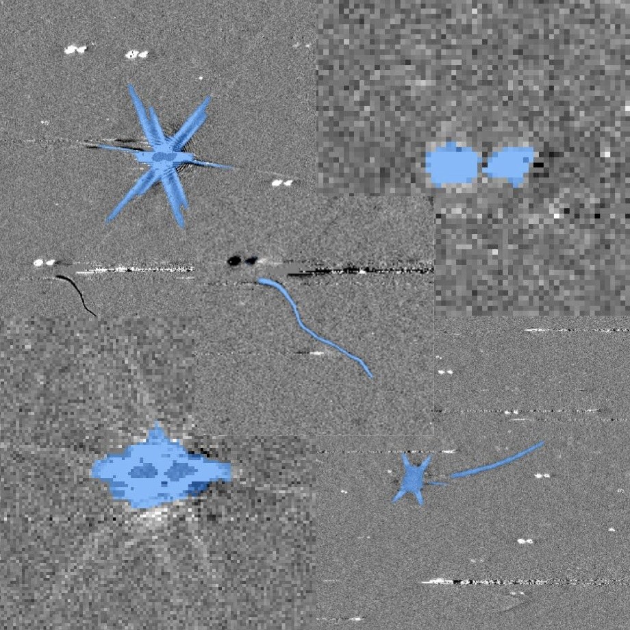 Colagem de imagens em preto e branco do telescópio Euclid com artefatos em forma de estrela, risco e mancha marcados em azul