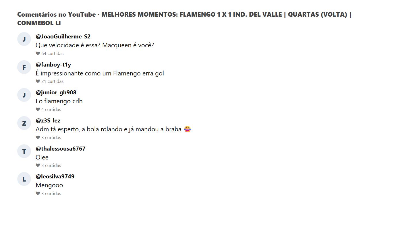 Print dos comentários do público no vídeo da classificação do Flamengo na Libertadores