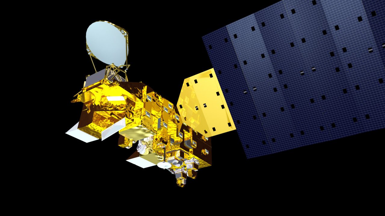 Representação artística do satélite Aqua, com corpo dourado, antena circular e painel solar azul contra o fundo preto do espaço