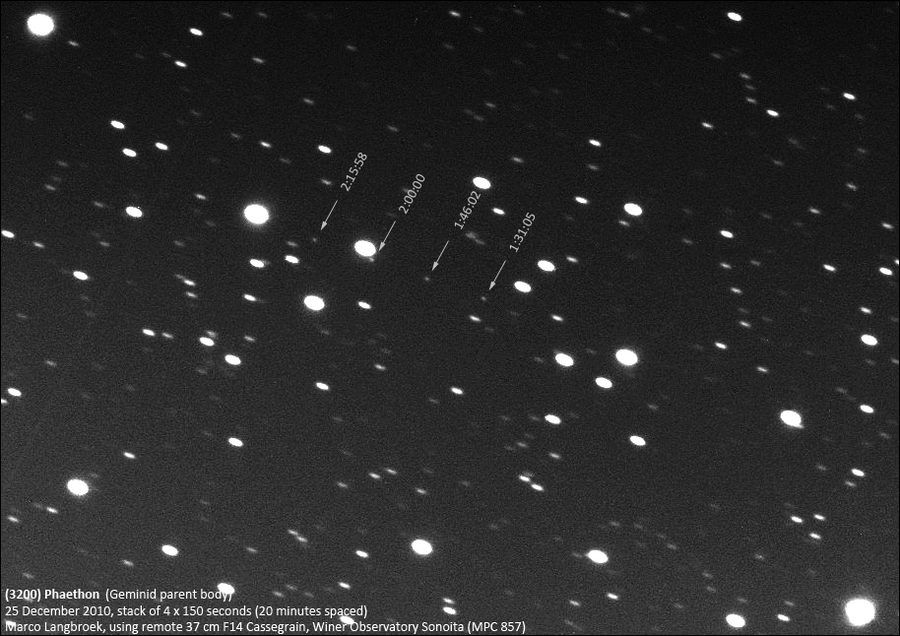Sequência de imagens do asteroide 3200 Faetonte, a origem da chuva de meteoros Geminídeas, registrado como ponto de luz em movimento entre as estrelas.