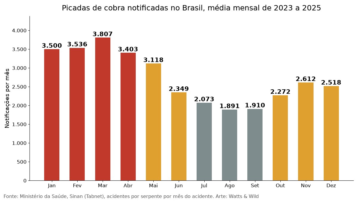 Gráfico de barras com a média mensal de picadas de cobra no Brasil, com pico de 3.807 em março e mínimo de 1.891 em agosto
