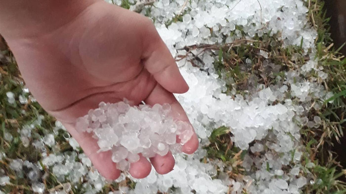 Granizo acumulado sobre a grama em Telêmaco Borba, no Paraná, cobrindo o quintal após um temporal