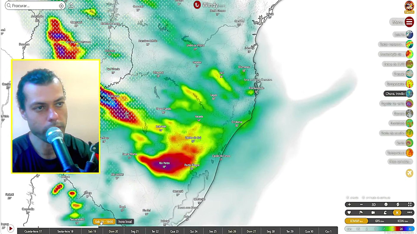 Alerta do inmet para o sul: mapa de radar com área de instabilidade sobre o Sul do Brasil, ilustrando o alerta de granizo e vendaval