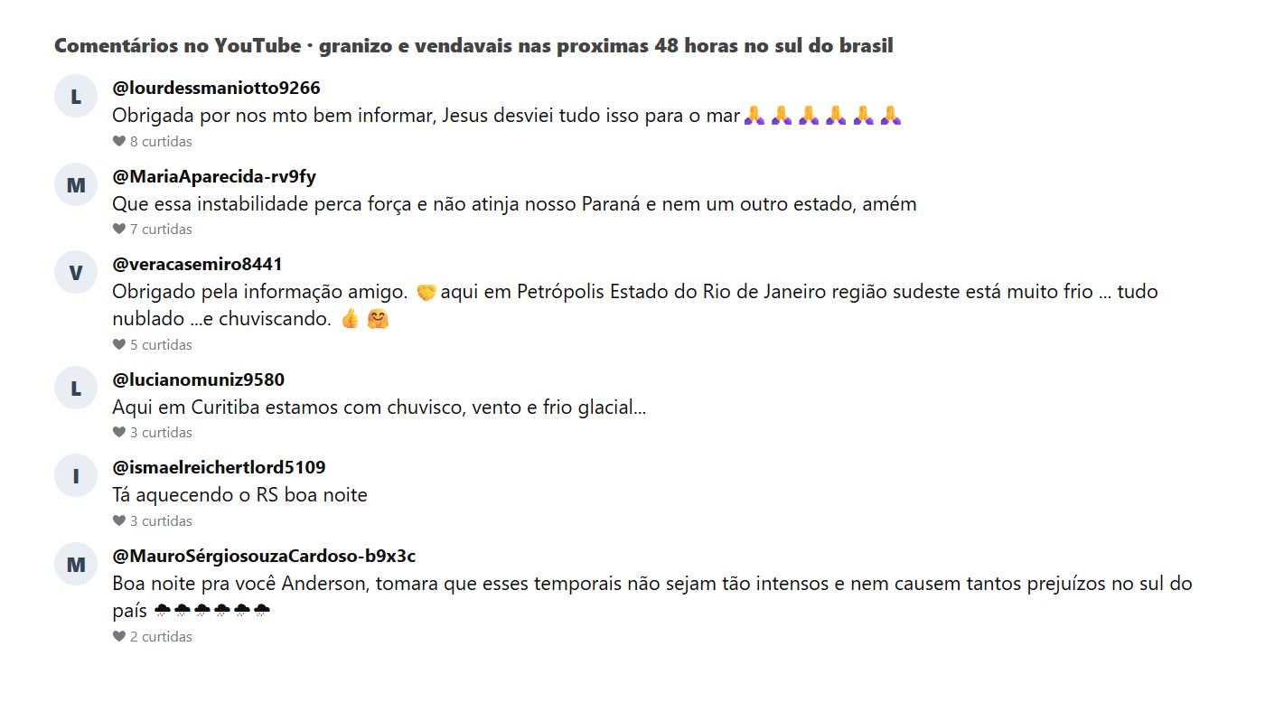 Print de comentários do público no vídeo sobre o alerta de granizo e vendaval no Sul