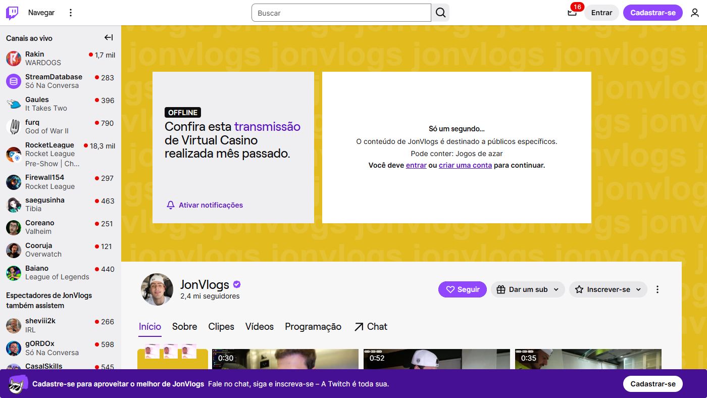Página oficial de Jon Vlogs na Twitch, com 2,4 milhões de seguidores