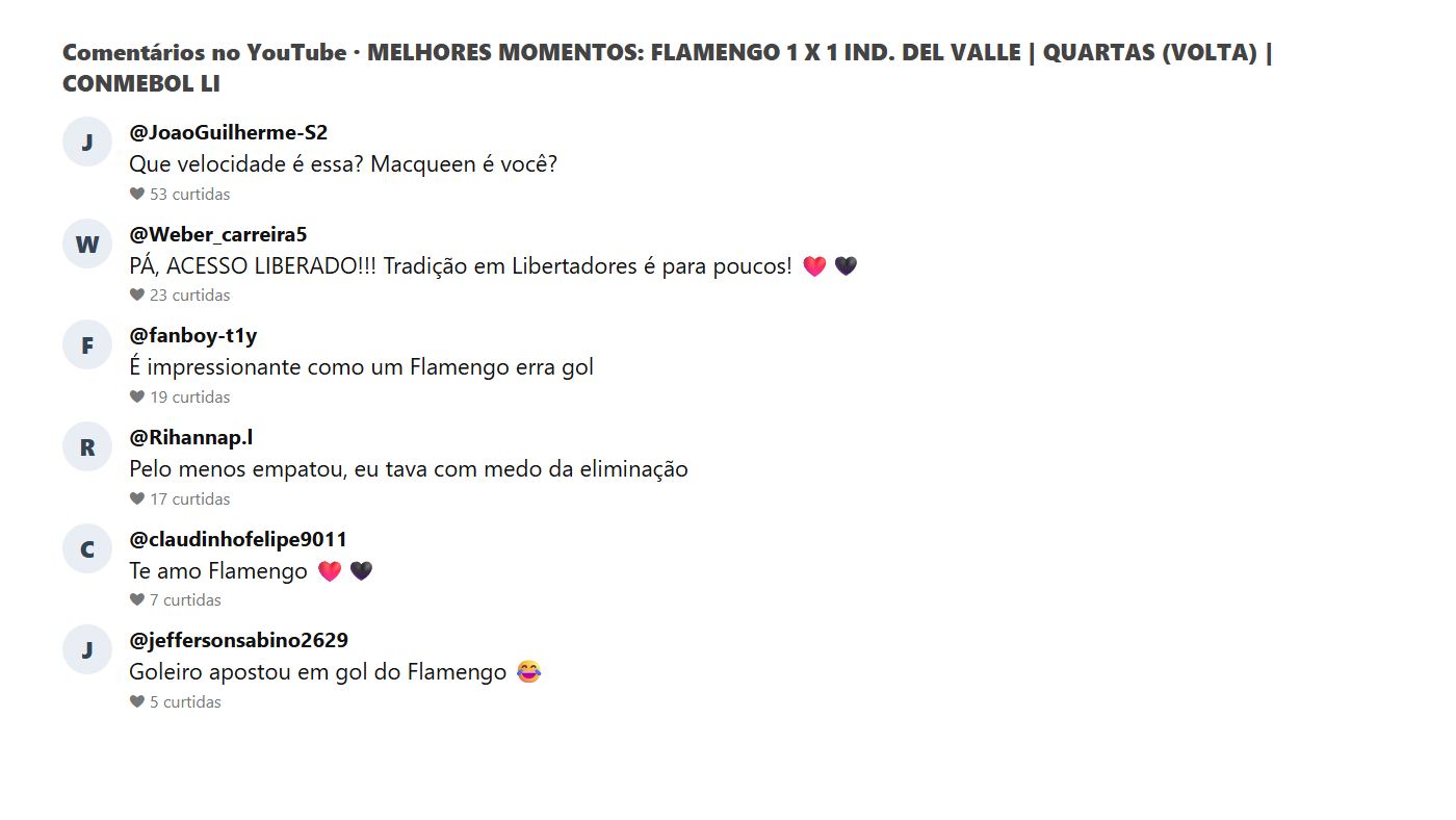 Print dos comentários do público no vídeo dos melhores momentos de Flamengo e Independiente del Valle