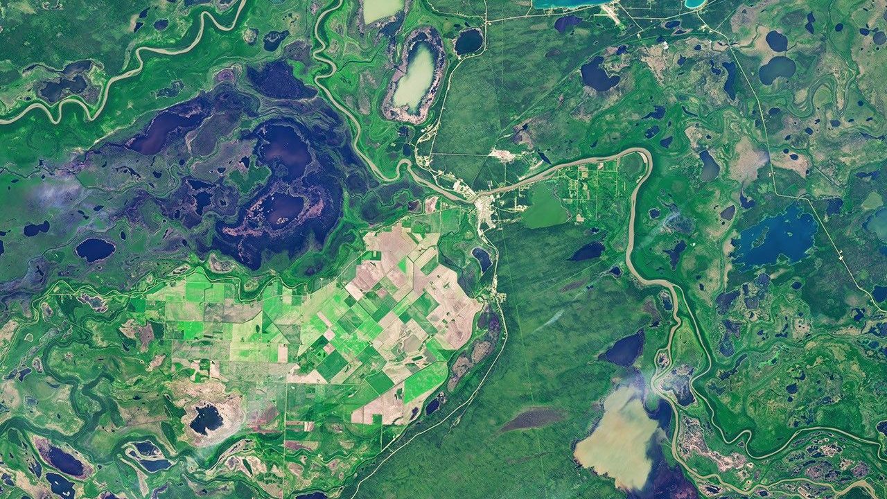 Imagem de satélite de 2 de julho de 2026 mostra os campos retos do delta do Saskatchewan quase todos em verde vivo, cercados de pântano e lagos