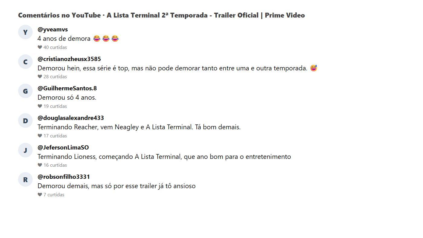 Print dos comentários do público no trailer de lista terminal 2 temporada no YouTube