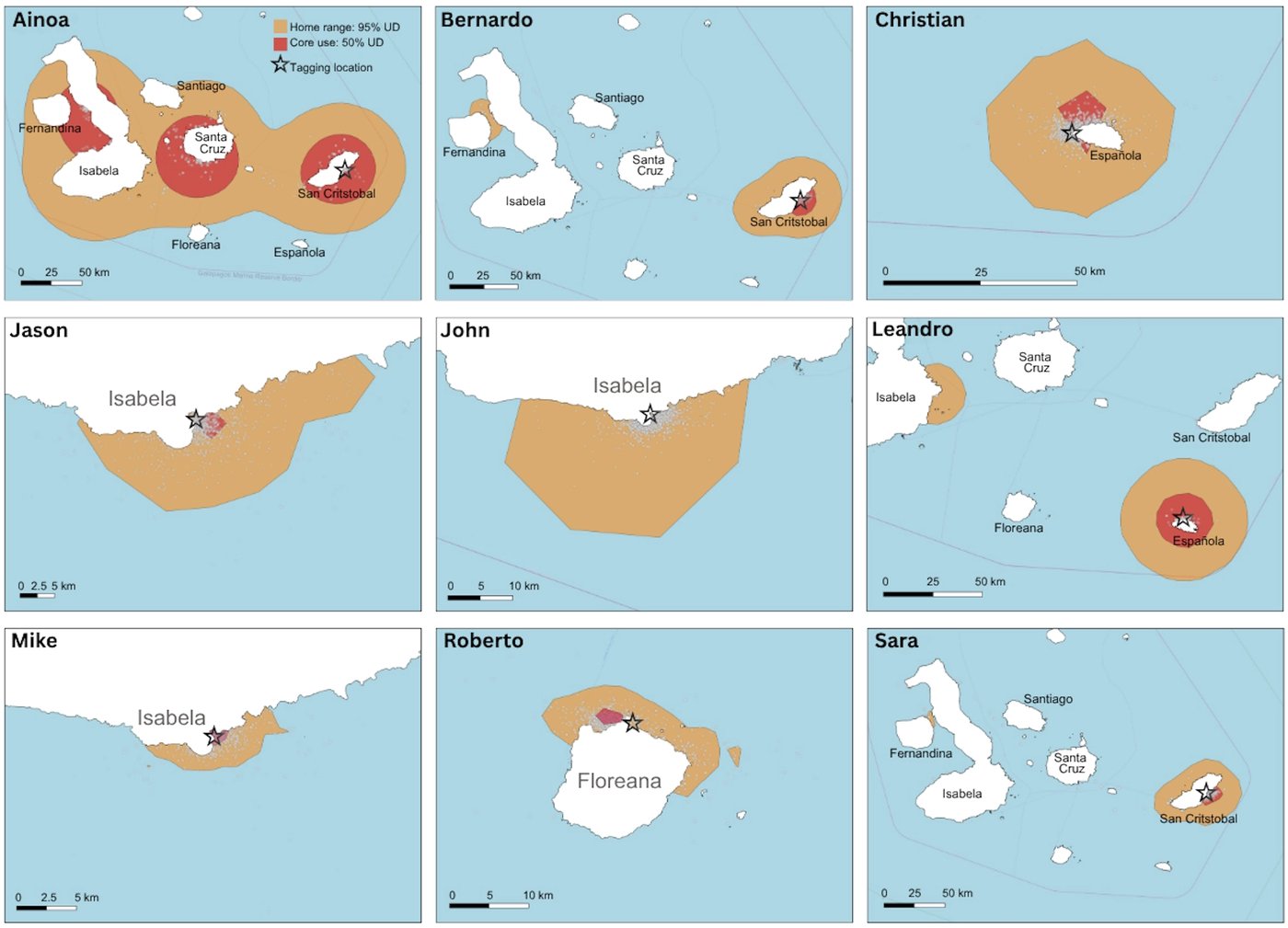 Nove mapas das ilhas Galápagos, um por tartaruga, com a área de vida em laranja e a área mais usada em vermelho; a de Ainoa cobre San Cristóbal, Santa Cruz e Isabela, e as de Mike e Jason são faixas pequenas na costa sul de Isabela