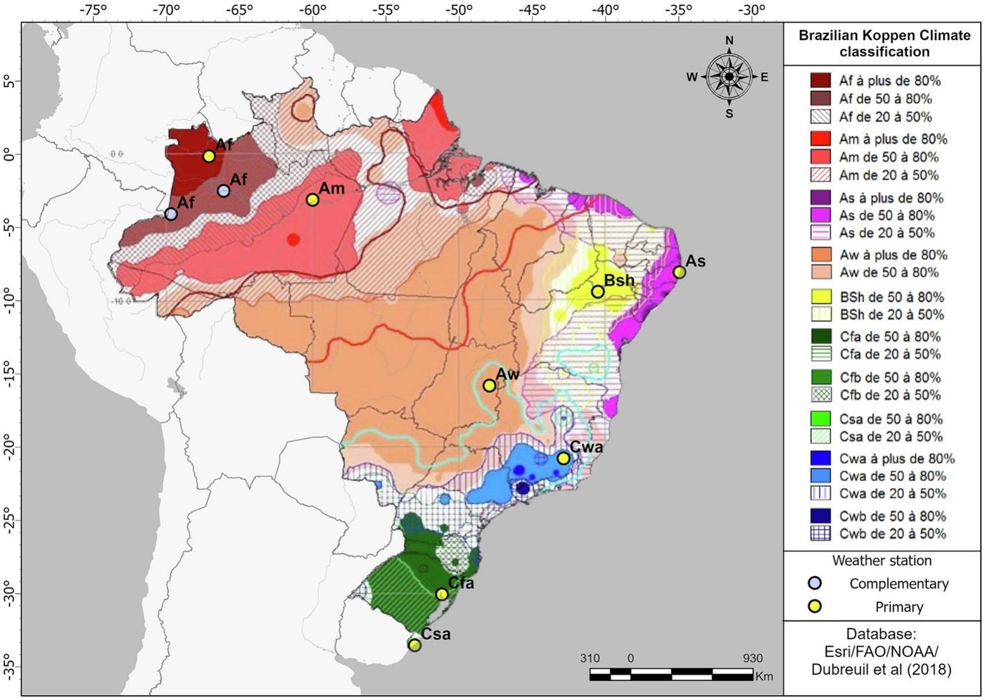 Mapa do Brasil colorido pelos tipos de clima de Köppen, com pontos amarelos e azuis marcando as estações do Inmet usadas no estudo