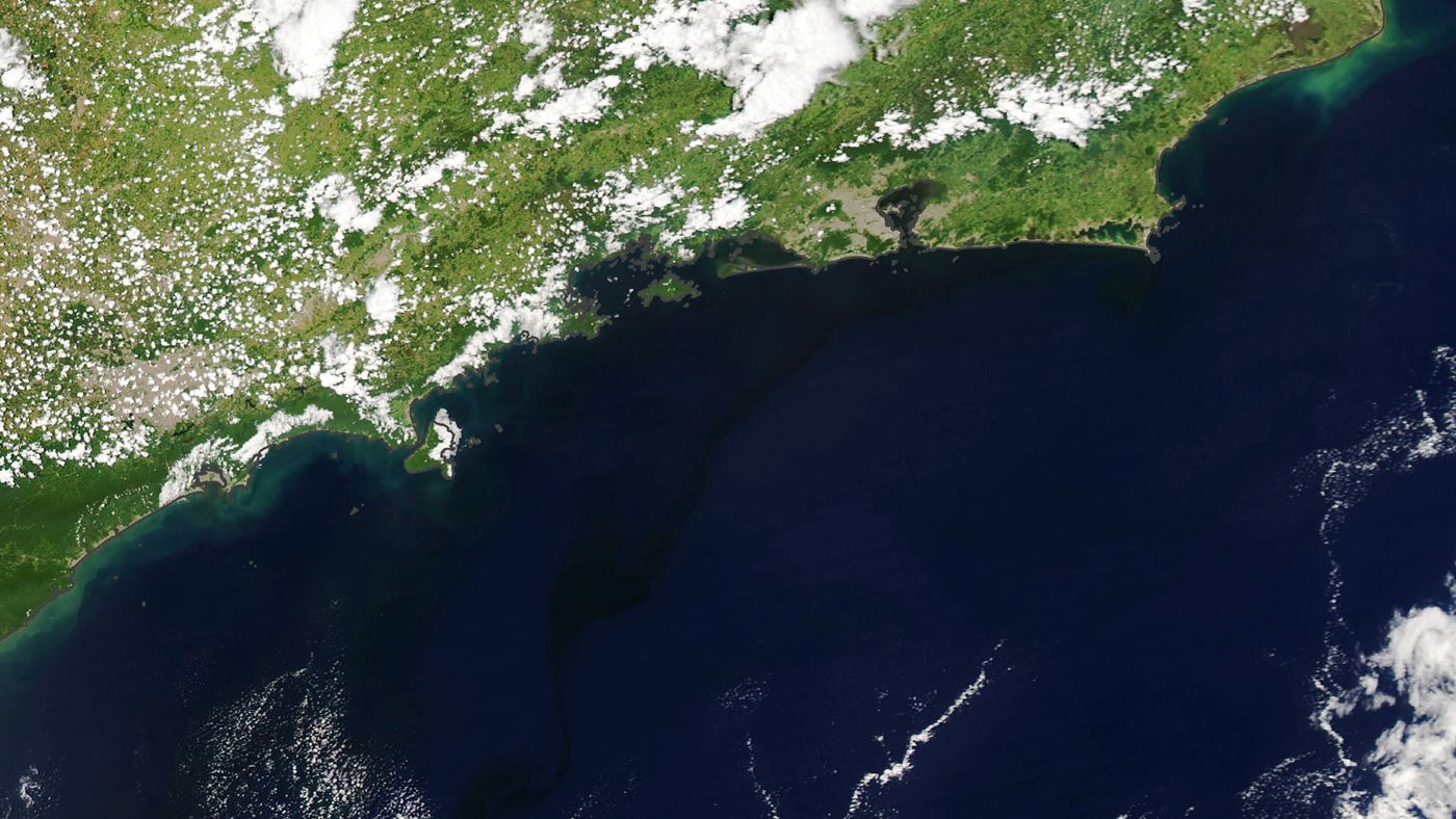 Imagem de satélite mostra mancha escura na água perto da costa do Rio de Janeiro, região atingida por uma extensa maré vermelha em dezembro de 2021.