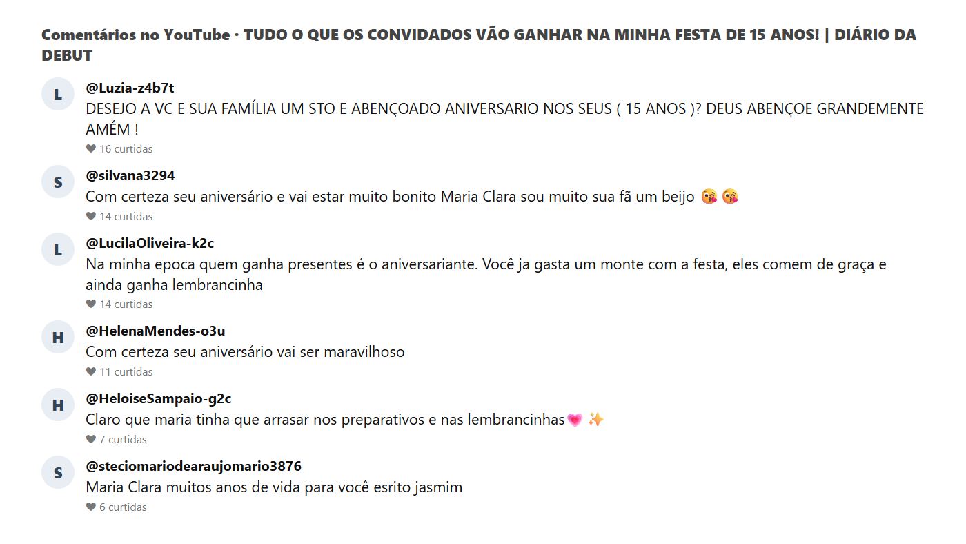 Comentários dos fãs no vídeo do canal Maria Clara e JP sobre a festa de 15 anos