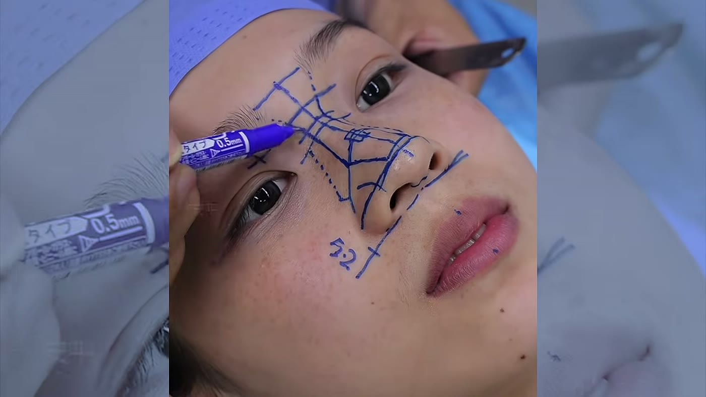 Marcação para cirurgia de nariz de hamster desenhada no rosto de uma paciente antes do procedimento