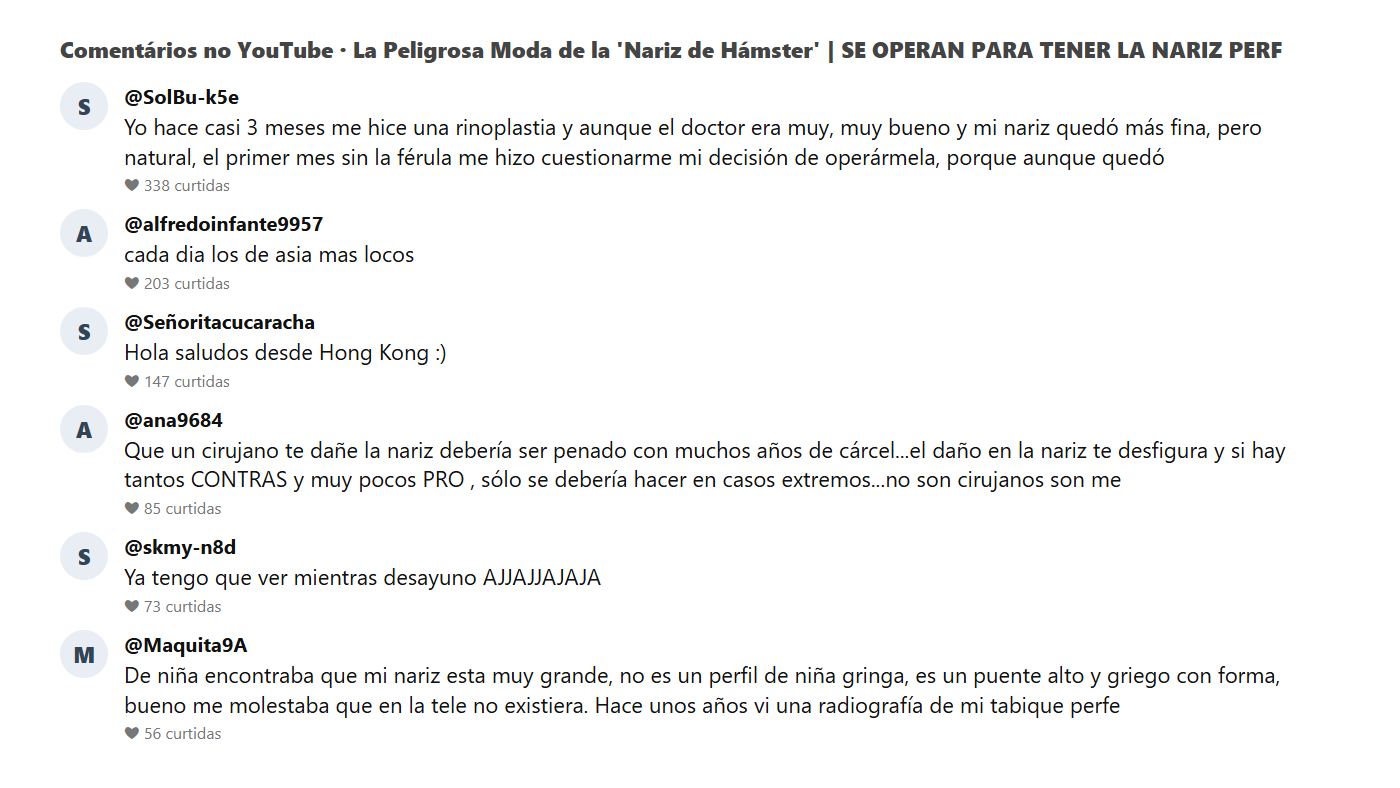 Print dos comentários do público no vídeo sobre o nariz de hamster