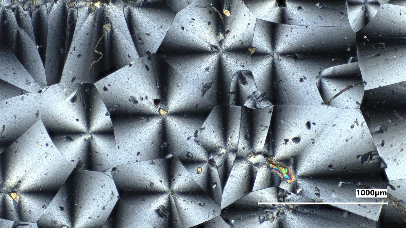 Vista no microscópio da amostra com poeira lunar simulada, com a régua de 1.000 micrômetros no canto inferior direito