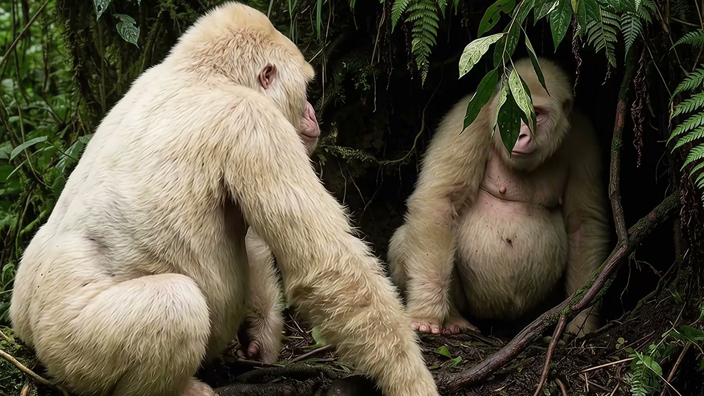 Imagem de divulgação: Nascimento de gorila descrito como albino ganha promessa de reação inesperada, enquanto a mãe segura o bebê e outro familiar se aproxima na história