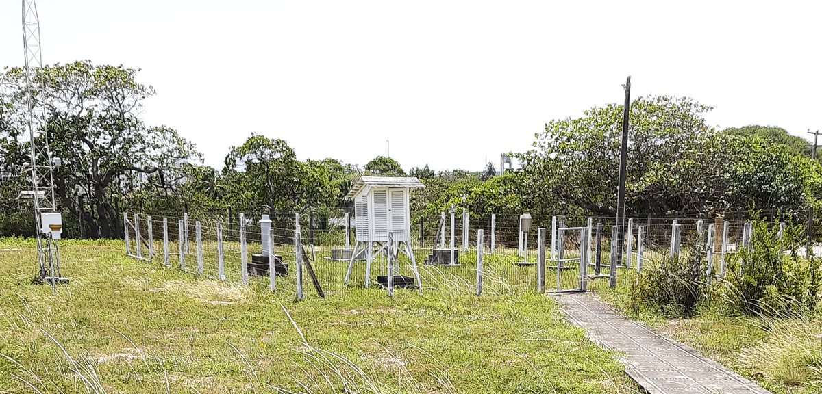 Abrigo meteorológico branco de madeira dentro de um cercado com outros instrumentos, cercado de grama e árvores