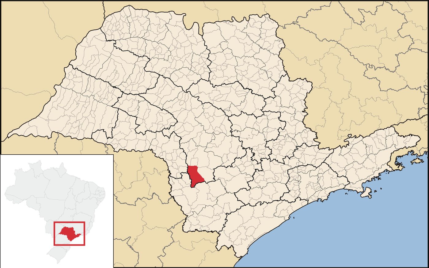 Mapa do estado de São Paulo com o município de Itaí destacado em vermelho no sudoeste paulista