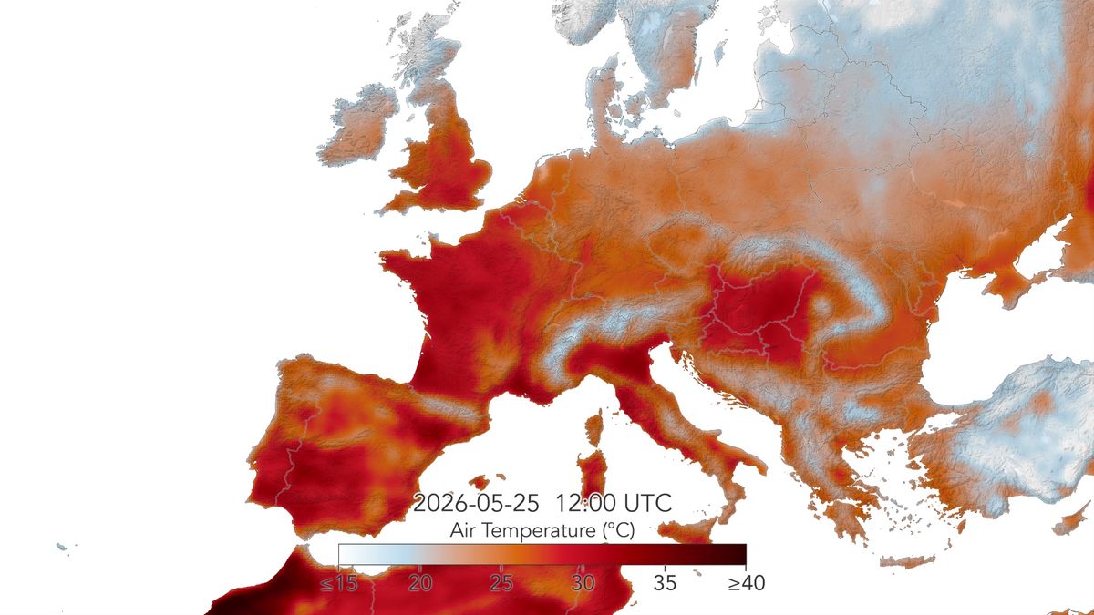 Mapa de temperatura da Europa Ocidental em 25 de maio de 2026, com França, Reino Unido e Hungria em vermelho escuro