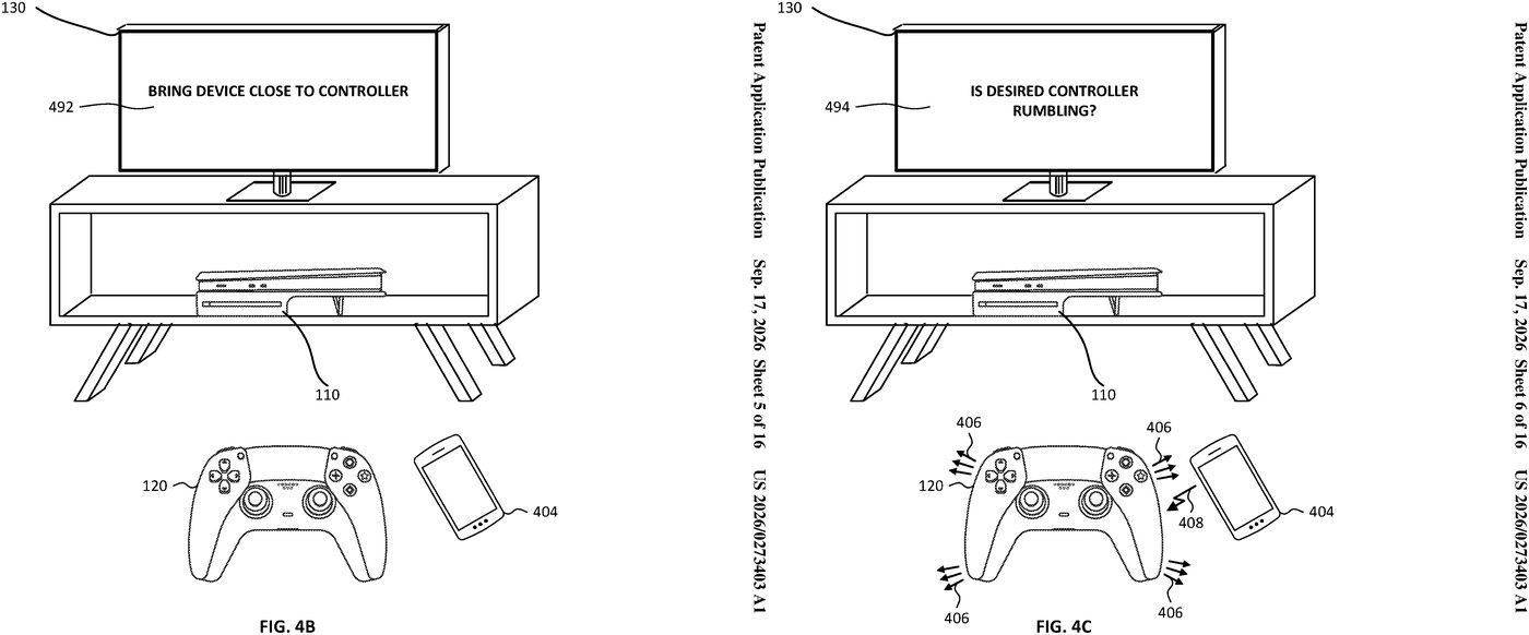 Dois desenhos do pedido de patente da Sony: a TV pede para aproximar o aparelho do controle e depois pergunta se o controle certo está vibrando, com um celular ao lado