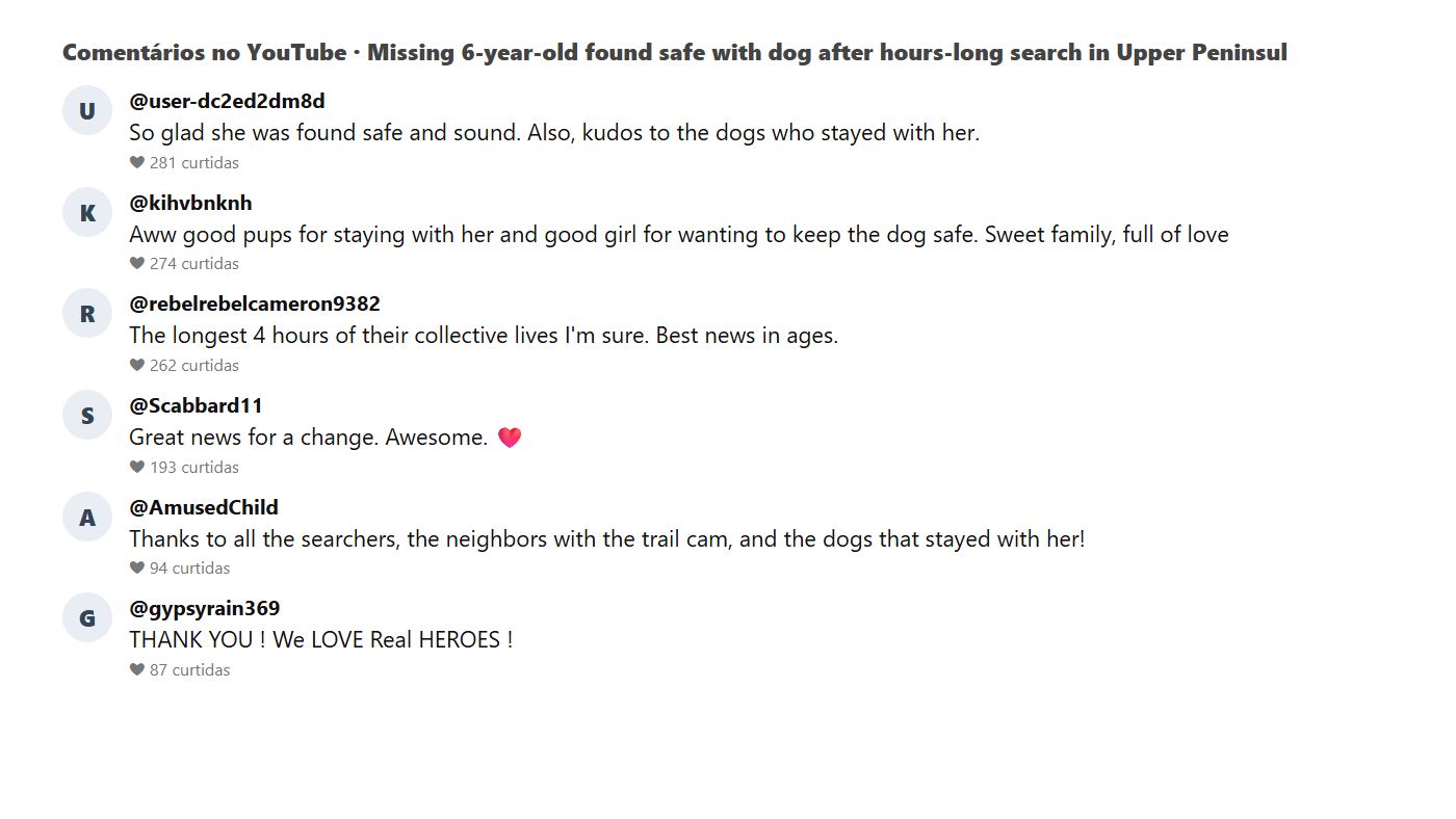 Print dos comentários do público no vídeo sobre Payton, a menina perdida na floresta encontrada com o cachorro