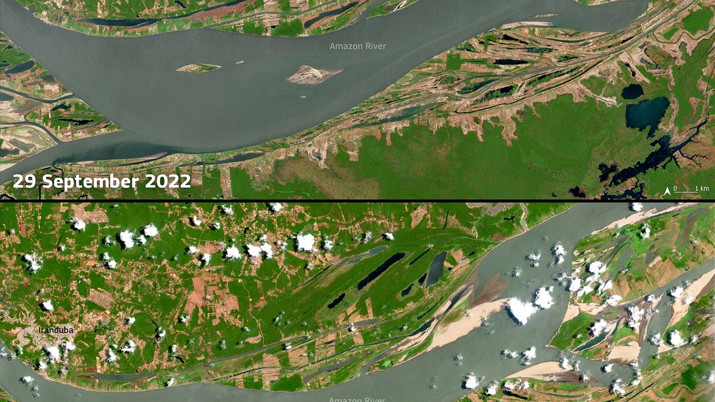 Imagem de satélite comparando o rio Amazonas cheio e depois com bancos de areia expostos durante a seca, usada para ilustrar a Região Norte
