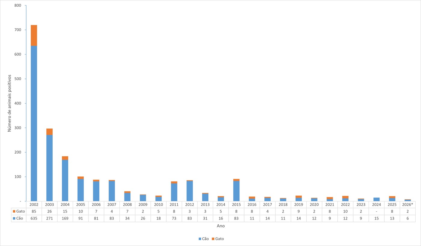 Gráfico do Ministério da Saúde com os casos de raiva em cães e gatos no Brasil de 2002 a 2026, com queda de mais de 700 casos em 2002 para poucas dezenas por ano