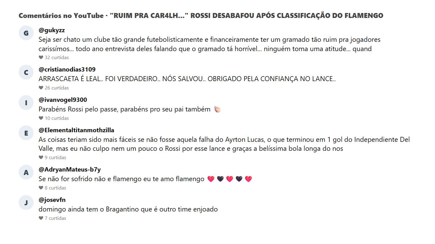 Comentários do público no vídeo do desabafo de Rossi no YouTube