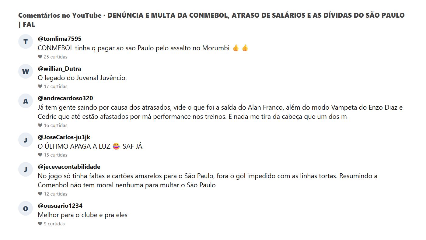 Comentários do público no vídeo sobre a multa da Conmebol e os salários atrasados do São Paulo