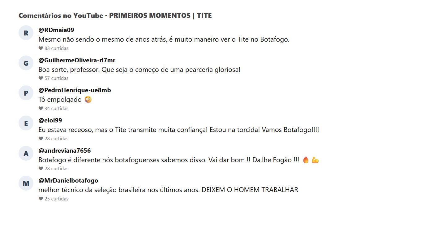 Comentários dos torcedores no vídeo dos primeiros momentos de Tite no Botafogo
