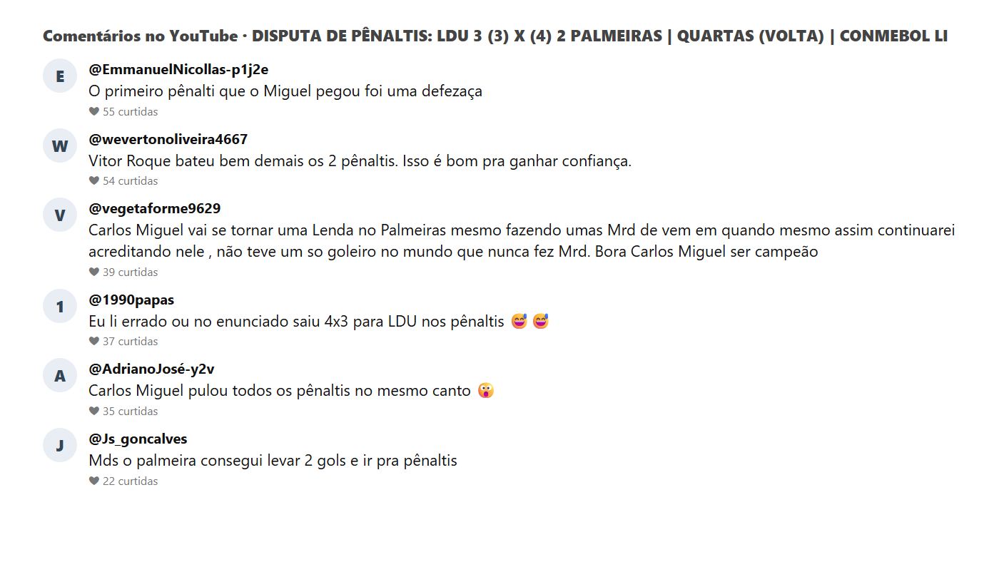 Comentários do público no vídeo da disputa de pênaltis entre LDU e Palmeiras