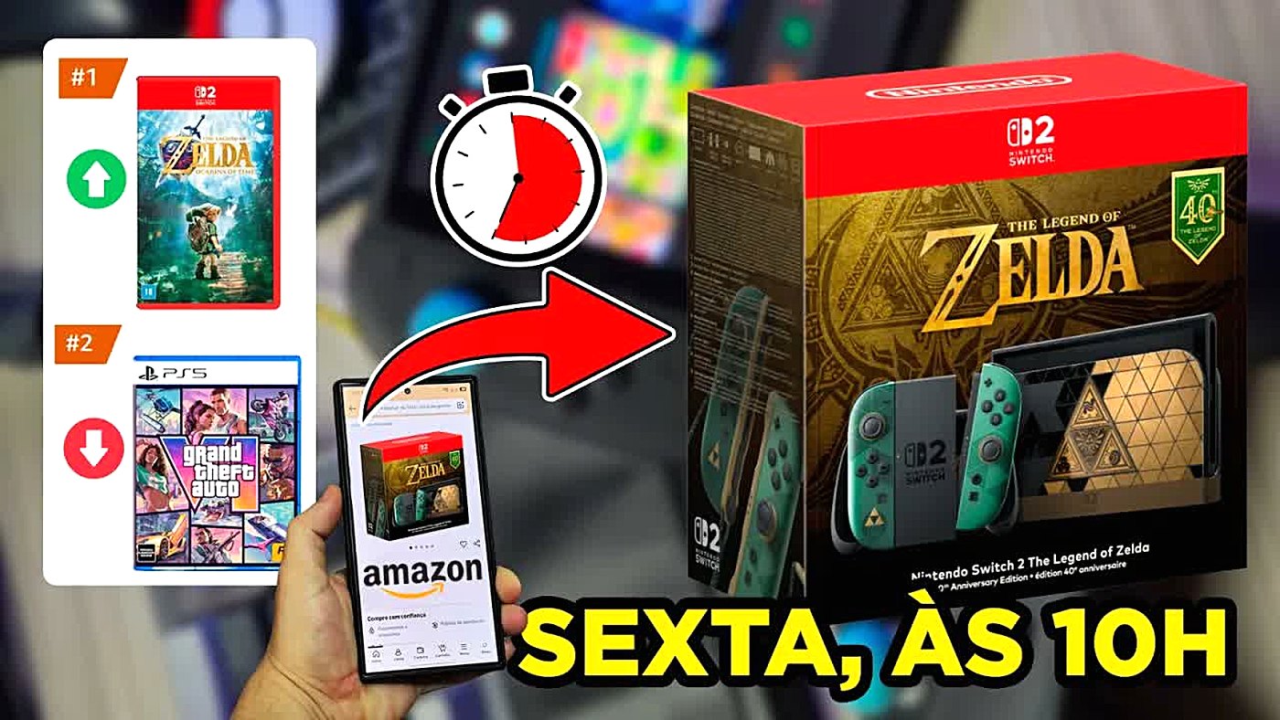 Caixa do Nintendo Switch 2 edição The Legend of Zelda 40 anos, tema da switch 2 zelda pre venda brasil