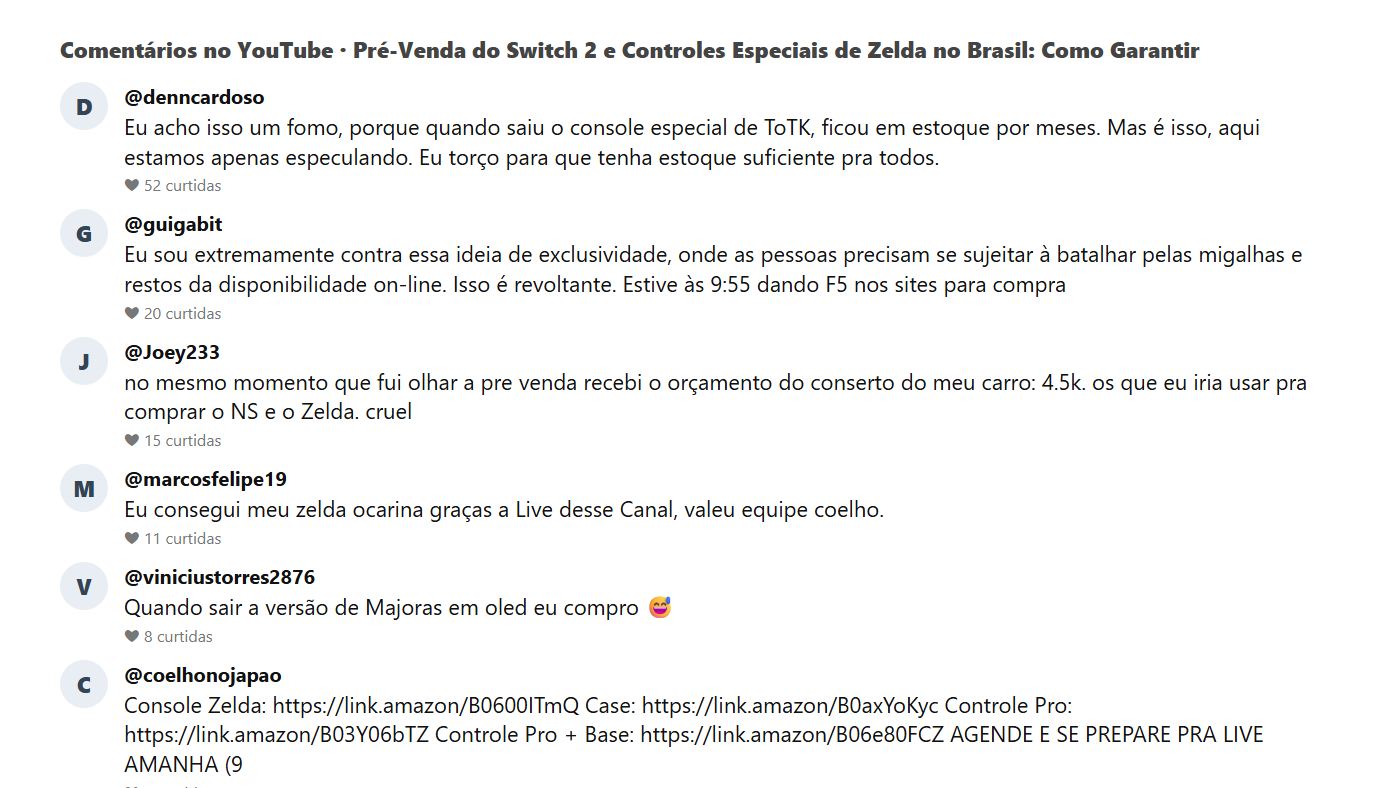 Comentários do público sobre a pré-venda do Switch 2 Zelda no YouTube